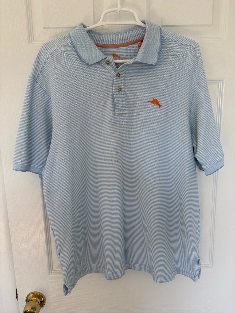 Tommy Bahama Light Blue Striped Polo with Orange Logo